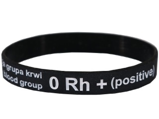 20cm Opaska, bransoletka silikonowa z grupą krwi 0 Rh+(dodatni) rozmiar 20cm