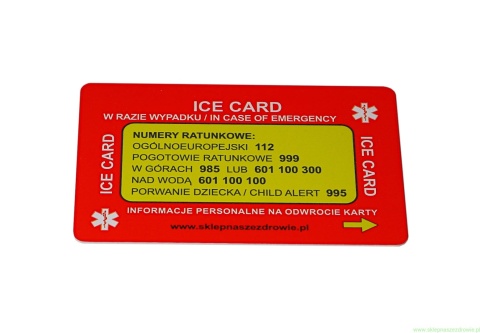 Personalizowana indywidualnie grawerowana ratunkowa KARTA ICE